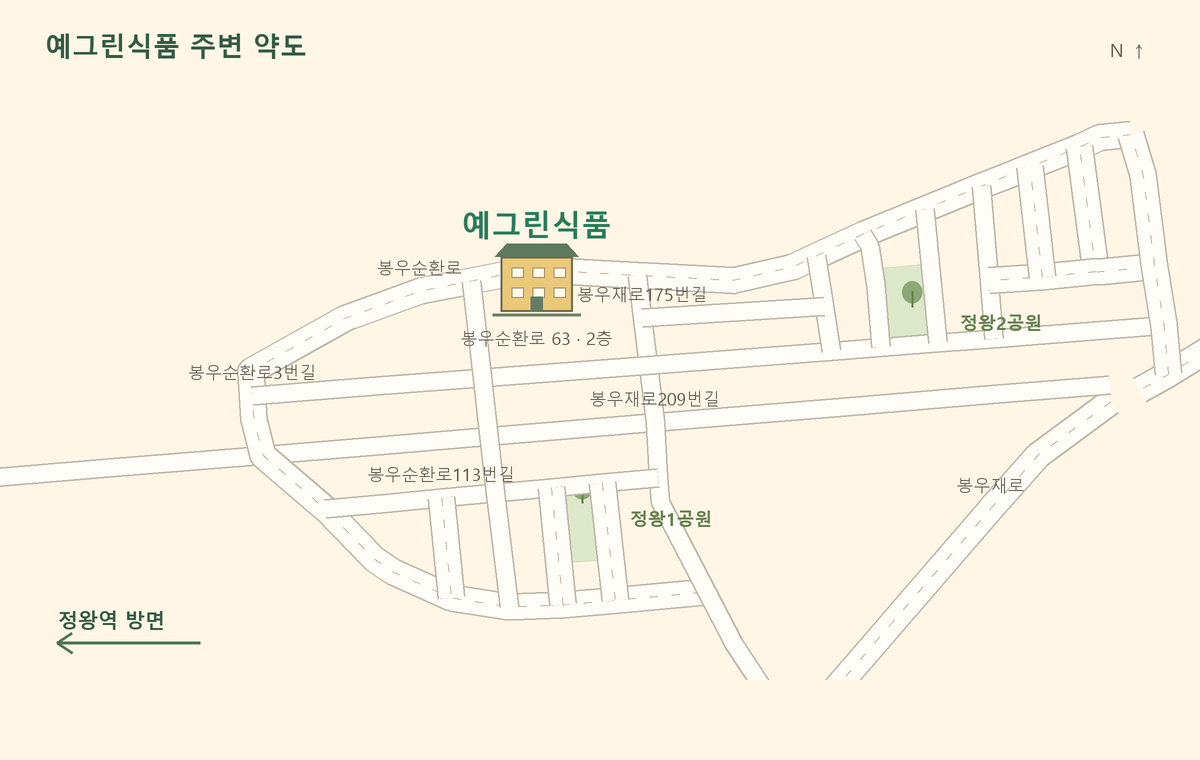 예그린식품 건물과 주변 도로, 정왕역 방면을 표시한 약도